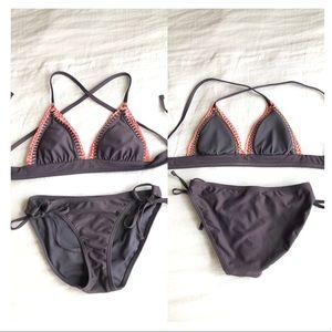 purple and crochet bikini set